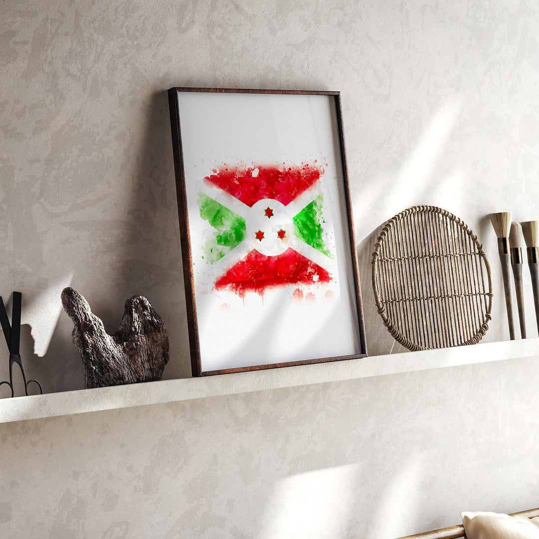 Burundi Watercolor Flag Wall Art Print | Burundi Travel Poster