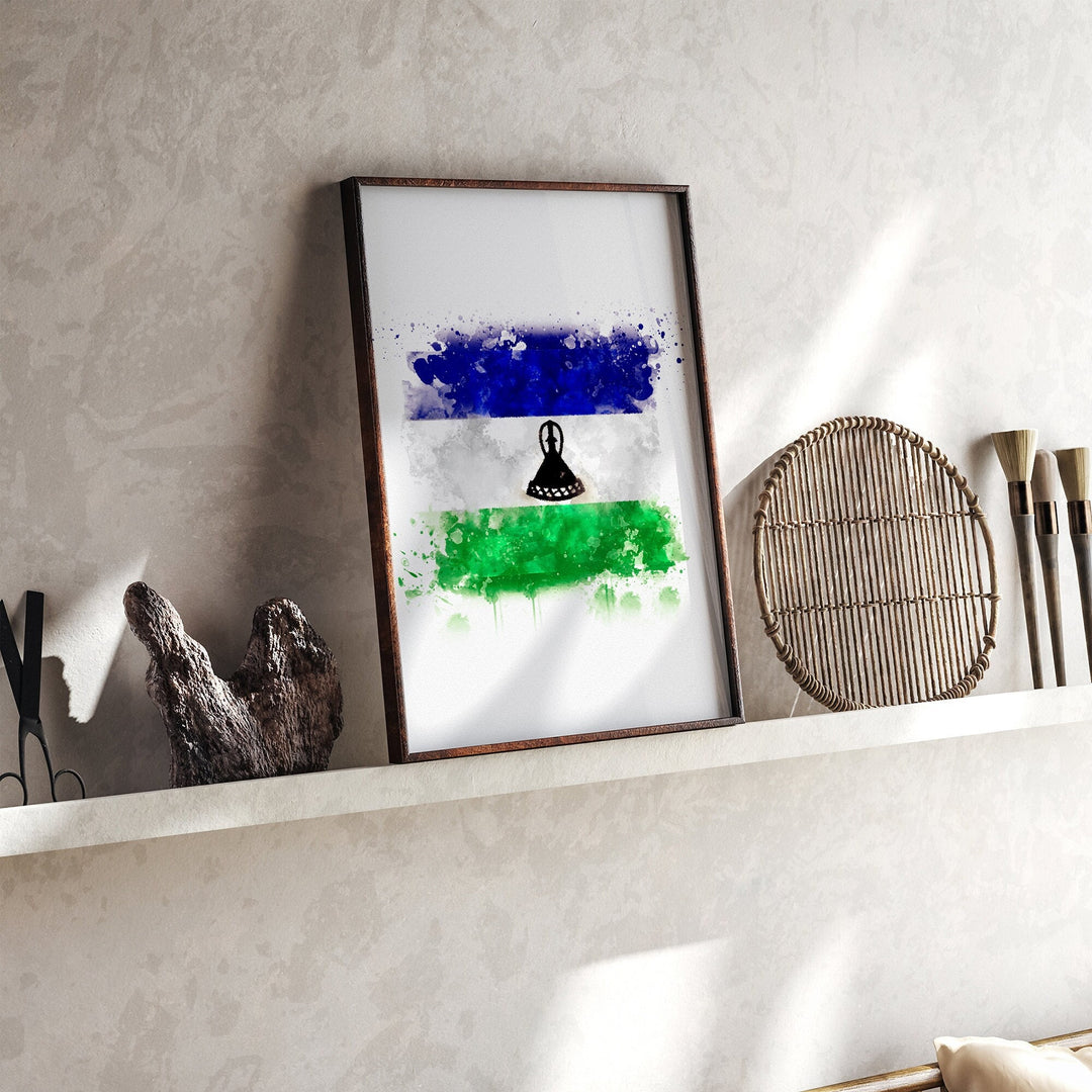 Lesotho Watercolor Flag Wall Art Print | Lesotho Travel Poster