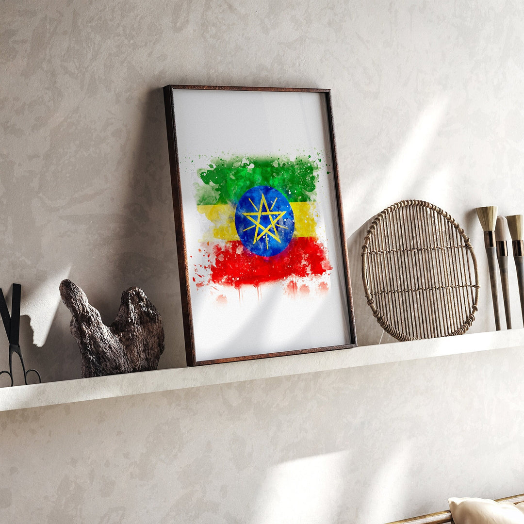 Ethiopia Watercolor Flag Wall Art Print | Ethiopia Travel Poster