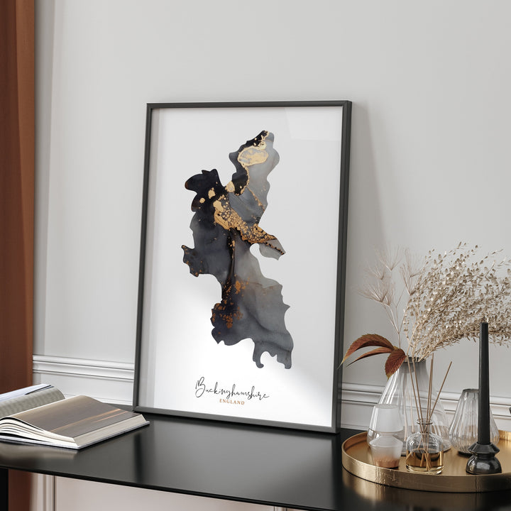 Buckinghamshire Map Black & Gold Wall Art Print | England | United Kingdom | Great Britain