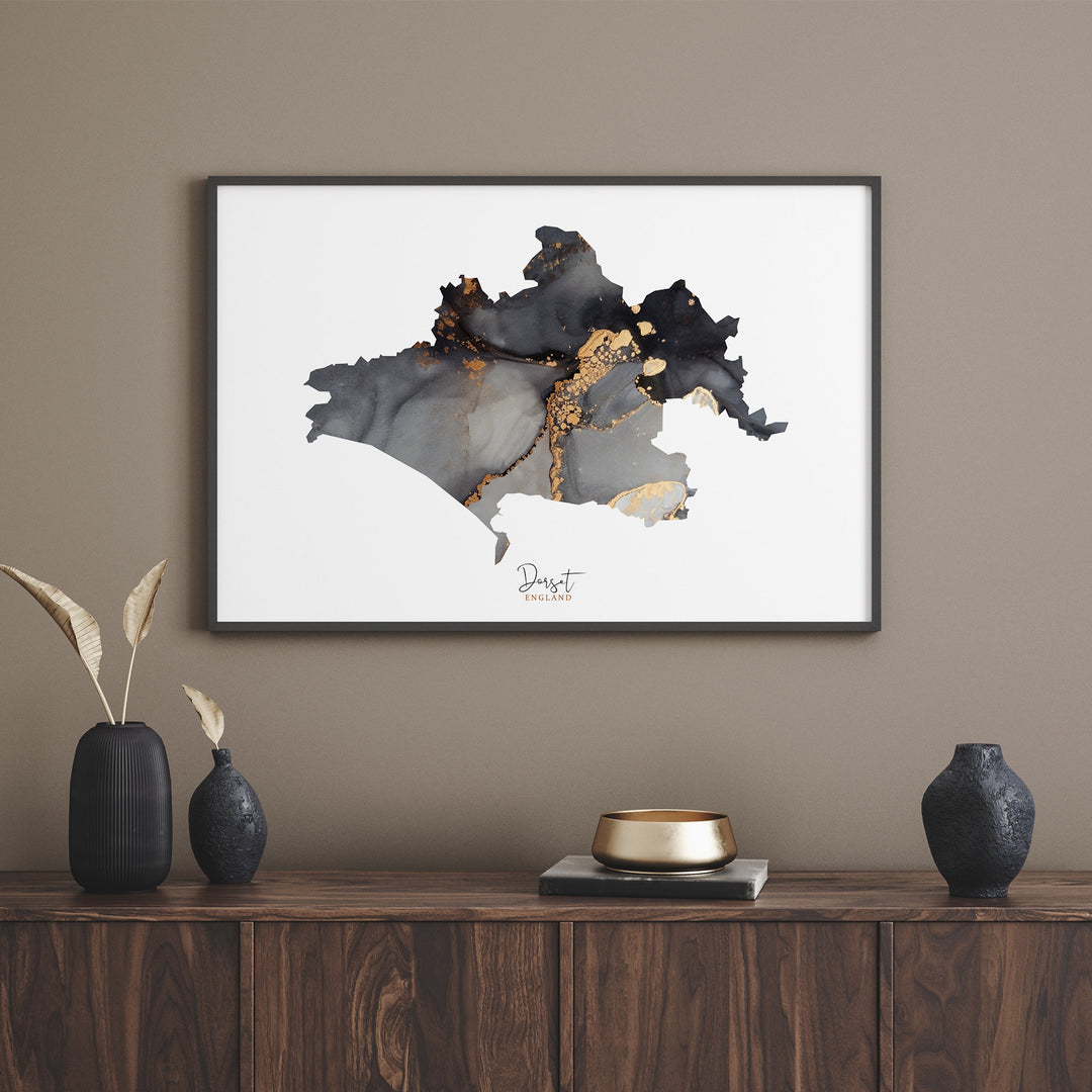 Dorset Map Black & Gold Wall Art Print | England | United Kingdom | Great Britain
