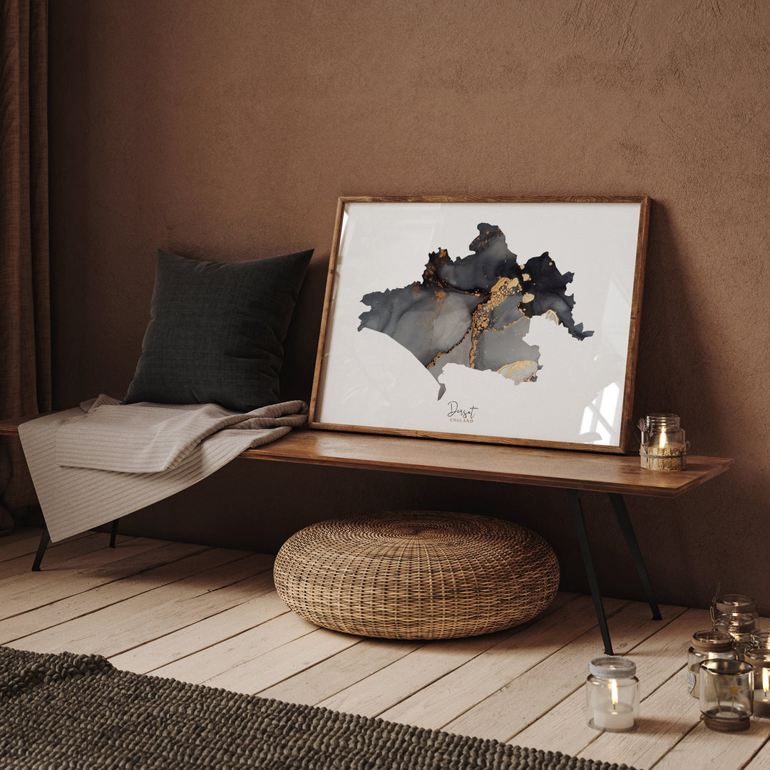 Dorset Map Black & Gold Wall Art Print | England | United Kingdom | Great Britain