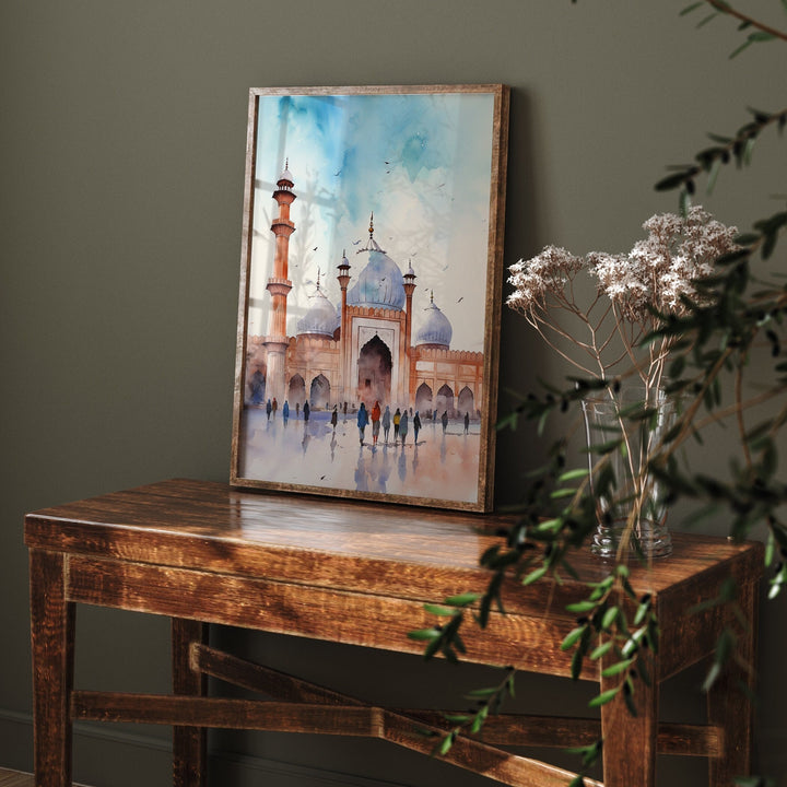 Lahore Badshahi Mosque Wall Art Print | Pakistan Mosque Watercolour Painting | Travel Poster