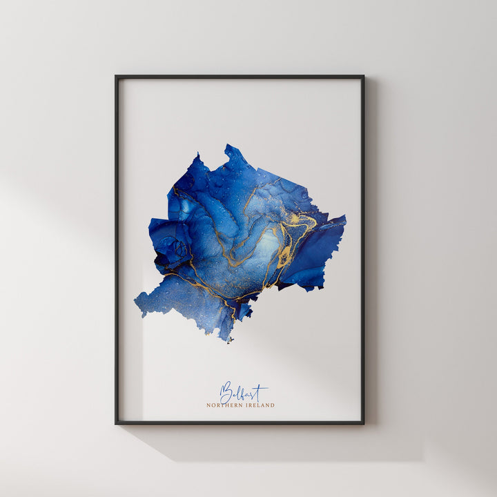 Belfast Map Blue & Gold Wall Art Print | Northern Ireland | United Kingdom | Great Britain