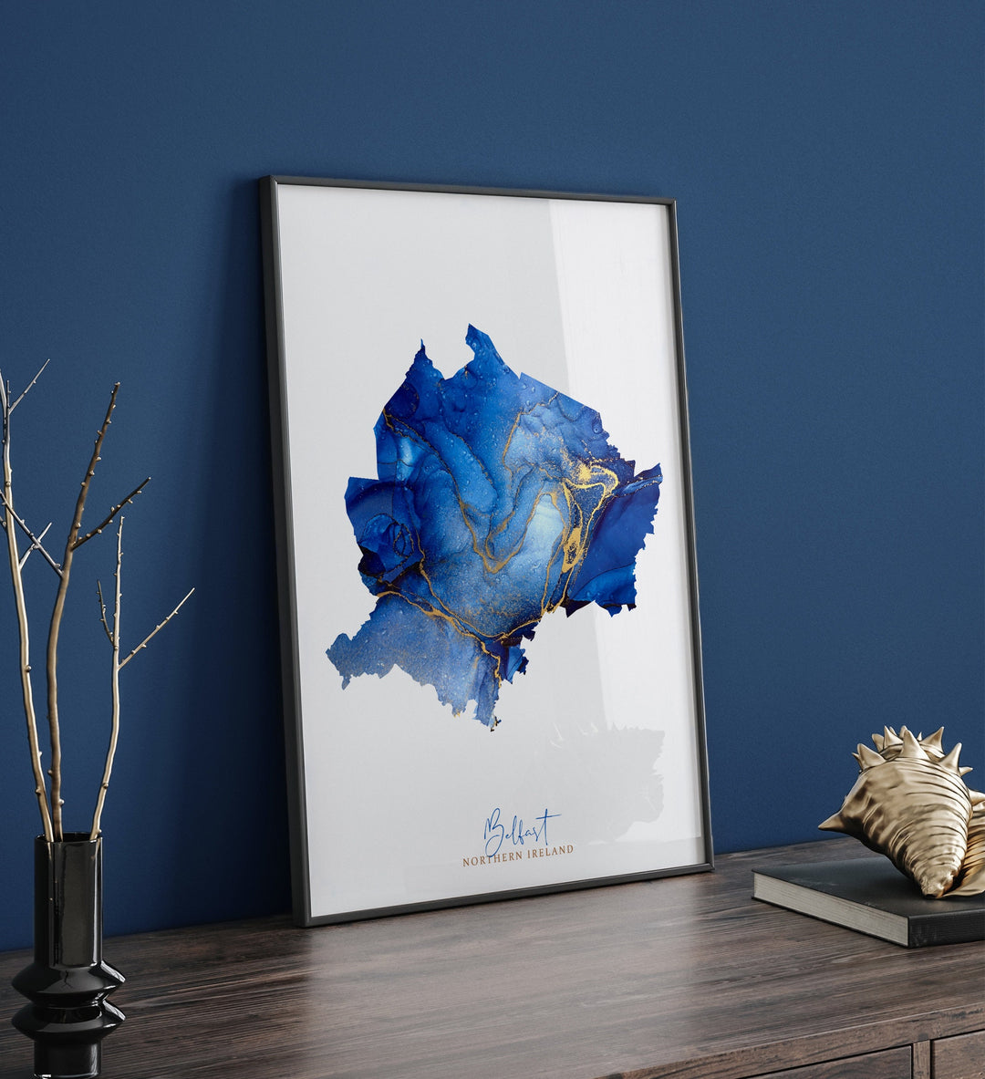 Belfast Map Blue & Gold Wall Art Print | Northern Ireland | United Kingdom | Great Britain