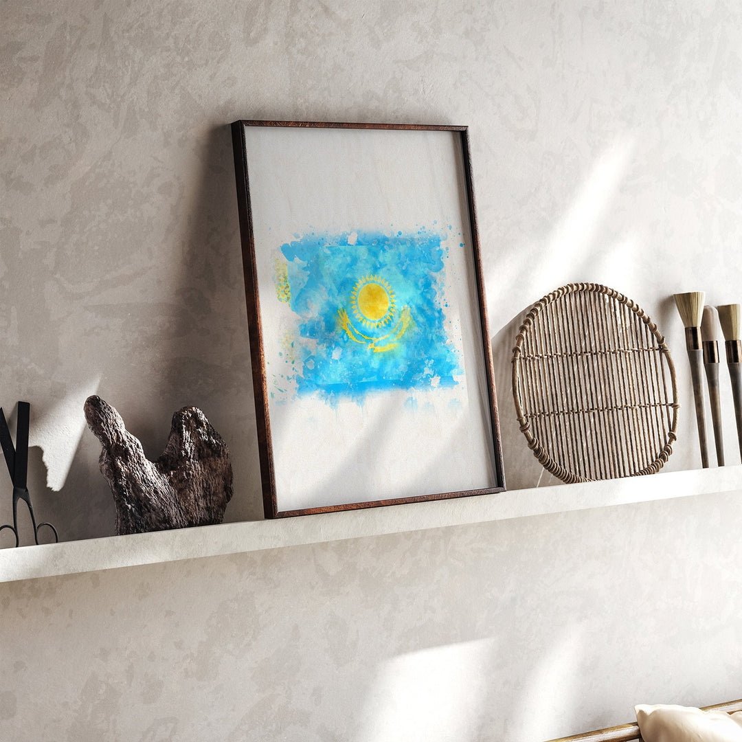 Kazakhstan Watercolor Flag Wall Art Print | Kazakhstan Travel Poster