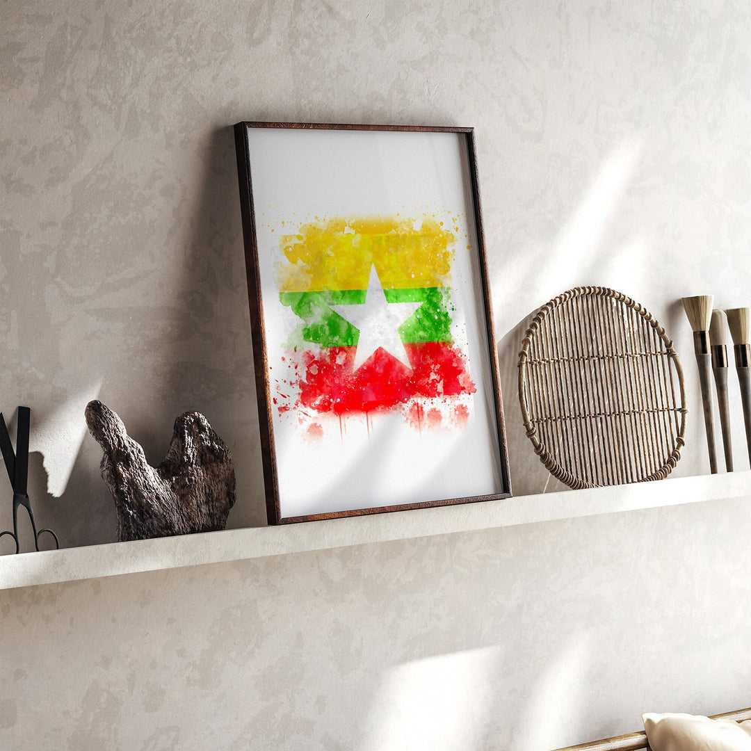 Myanmar Watercolor Flag Wall Art Print | Myanmar Travel Poster