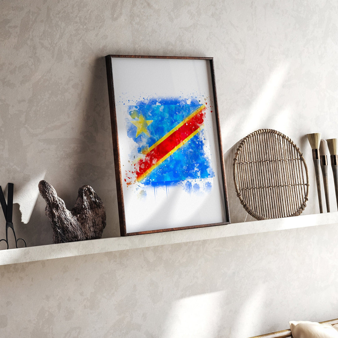 DR Congo Watercolor Flag Wall Art Print | DR Congo Travel Poster