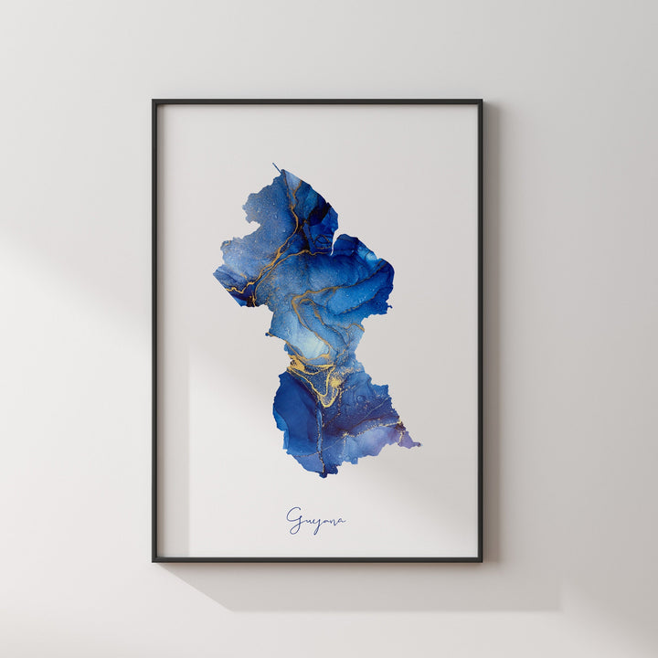 Guyana Map Blue & Gold Wall Art Print