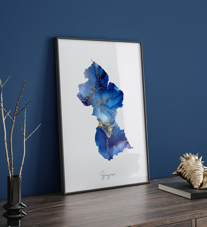 Guyana Map Blue & Gold Wall Art Print