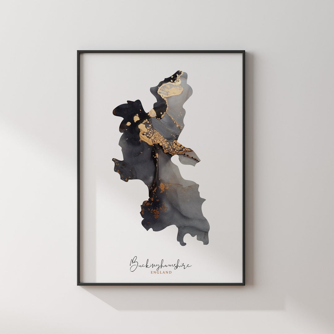 Buckinghamshire Map Black & Gold Wall Art Print | England | United Kingdom | Great Britain