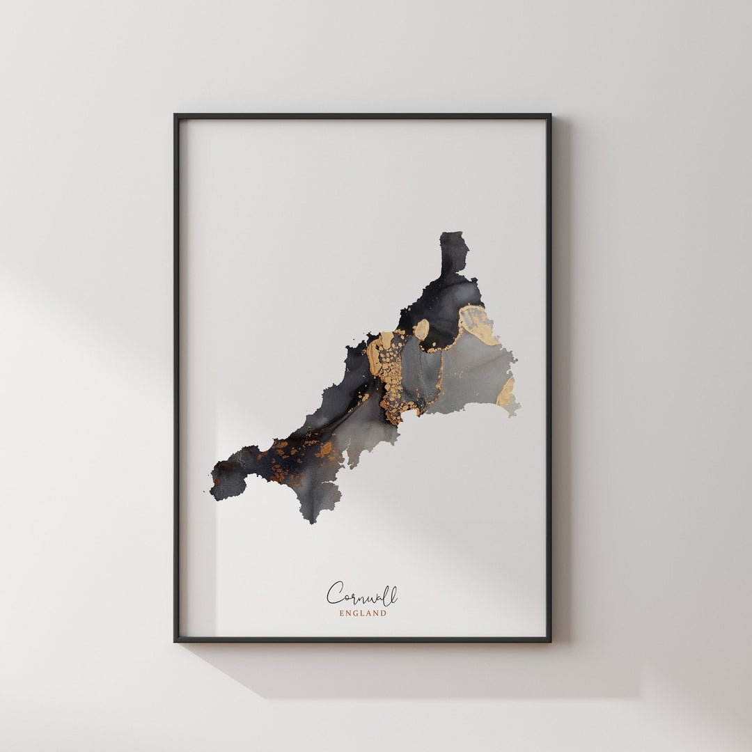 Cornwall Map Black & Gold Wall Art Print | England | United Kingdom | Great Britain
