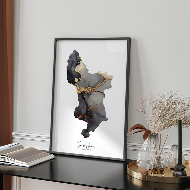Derbyshire Map Black & Gold Wall Art Print | England | United Kingdom | Great Britain