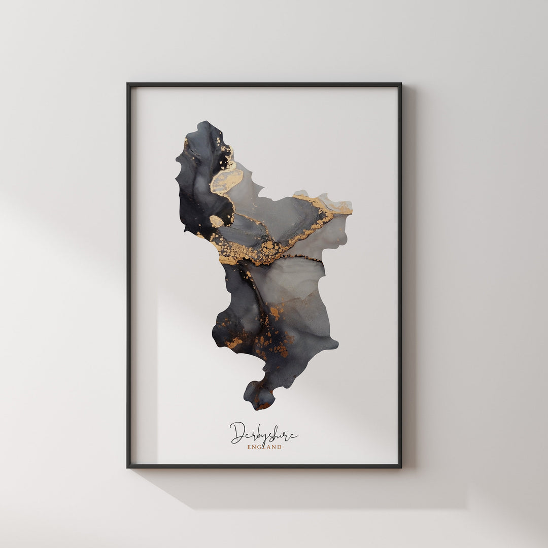 Derbyshire Map Black & Gold Wall Art Print | England | United Kingdom | Great Britain