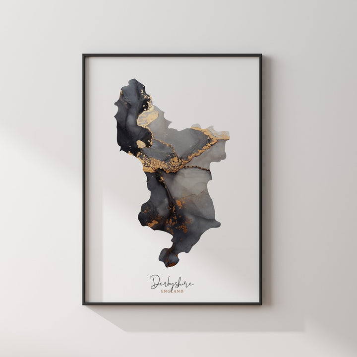 Derbyshire Map Black & Gold Wall Art Print | England | United Kingdom | Great Britain
