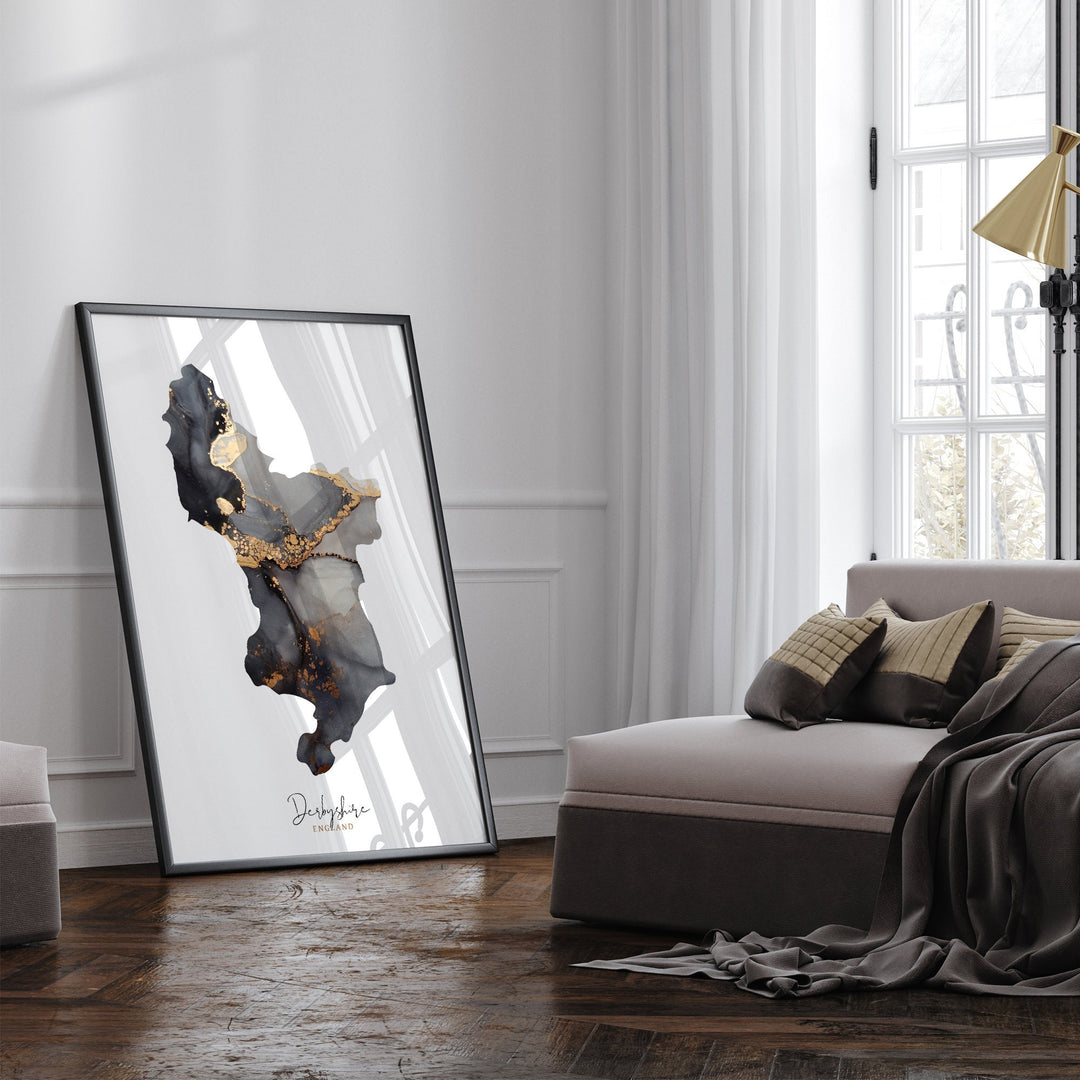 Derbyshire Map Black & Gold Wall Art Print | England | United Kingdom | Great Britain