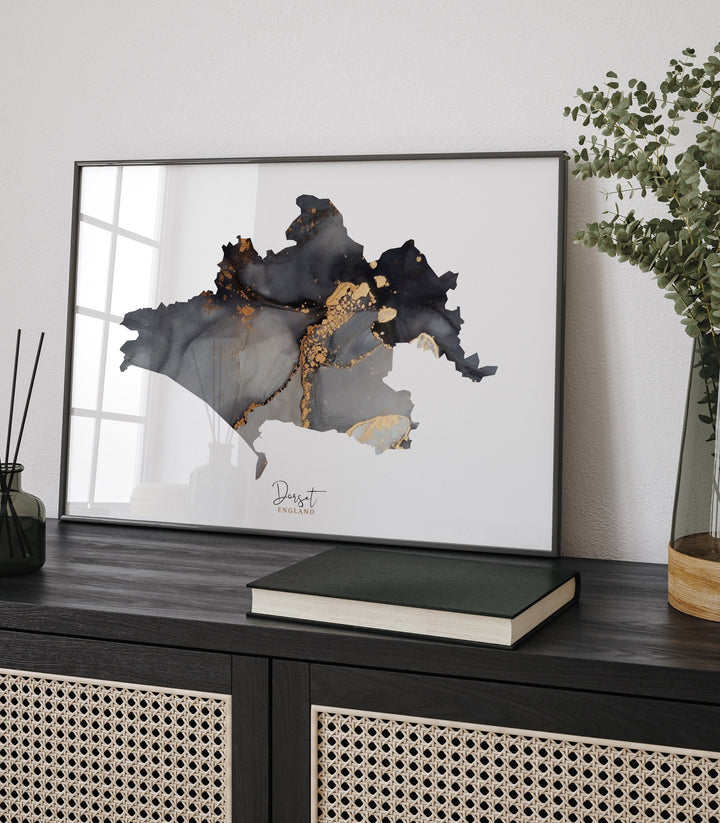 Dorset Map Black & Gold Wall Art Print | England | United Kingdom | Great Britain