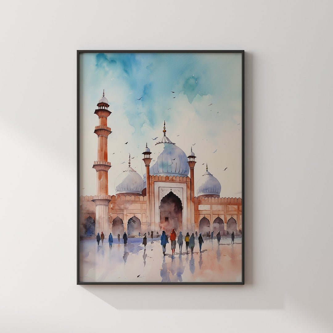 Lahore Badshahi Mosque Wall Art Print | Pakistan Mosque Watercolour Painting | Travel Poster