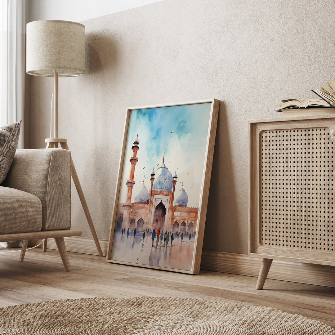 Lahore Badshahi Mosque Wall Art Print | Pakistan Mosque Watercolour Painting | Travel Poster