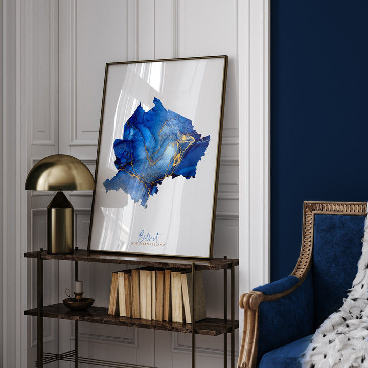 Belfast Map Blue & Gold Wall Art Print | Northern Ireland | United Kingdom | Great Britain