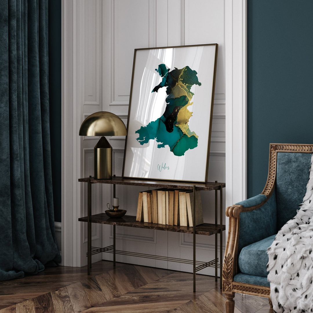 Wales Map Emerald Green and Gold Wall Art Print