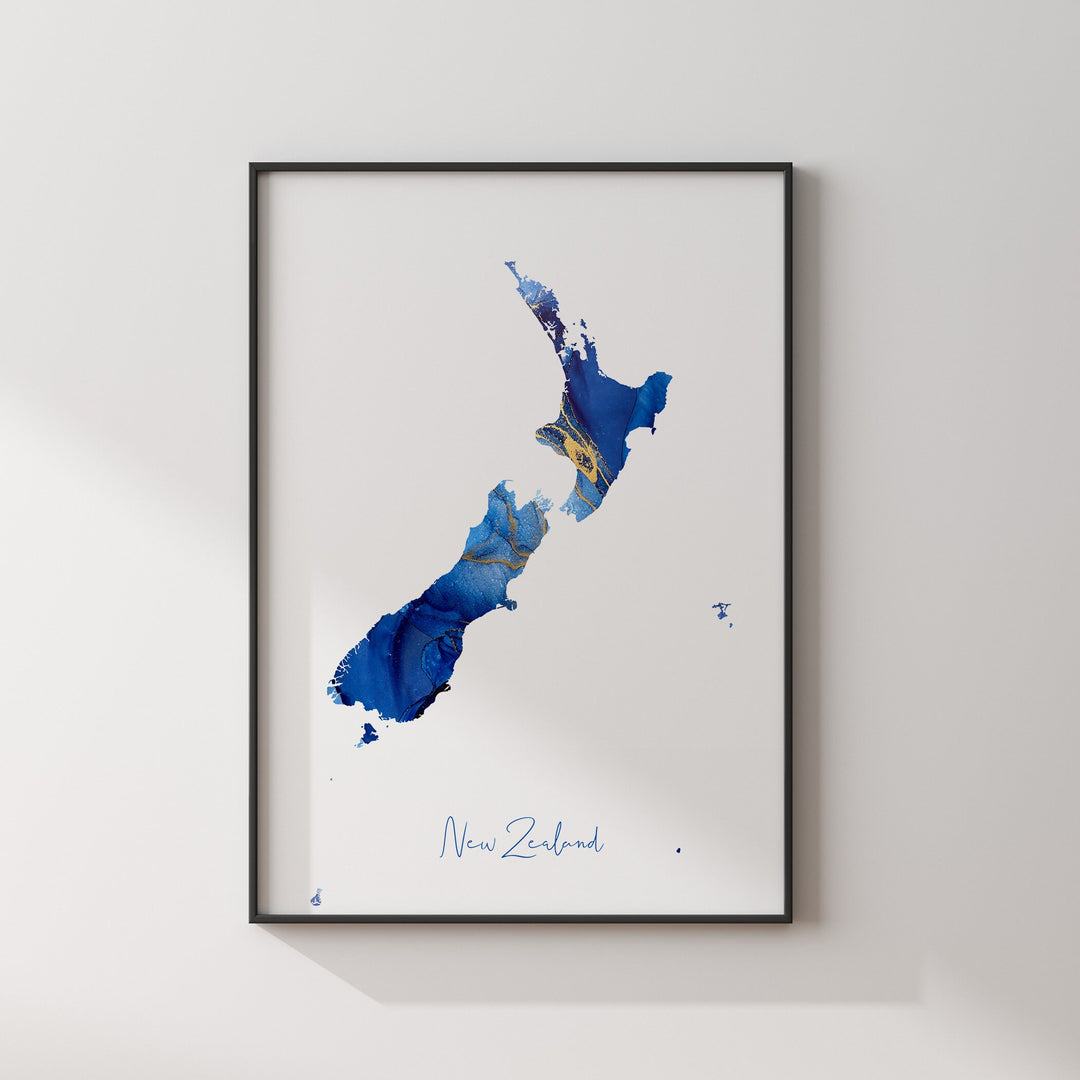 New Zealand Map Blue and Gold Wall Art Print