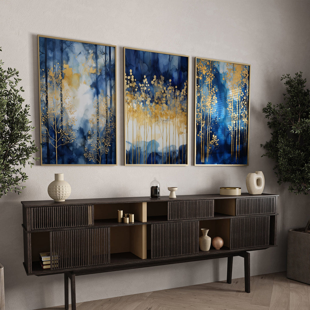 Set of 3 Navy Blue & Gold Wall Art | Forest Theme Navy Blue Wall Art Prints