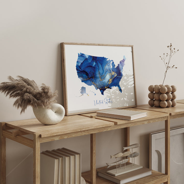 United States Map Blue & Gold Wall Art Print | USA | America