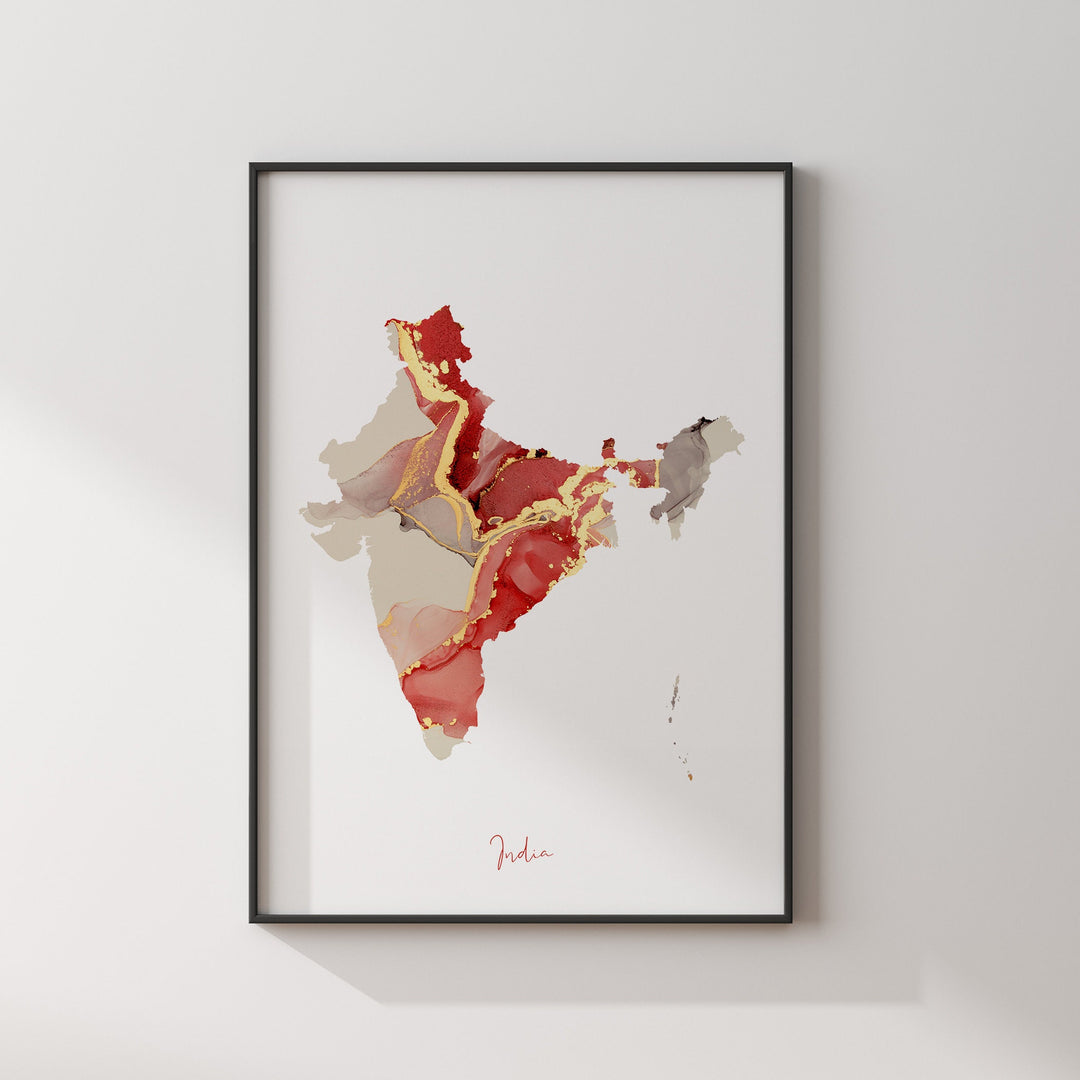 India Map Red & Gold Wall Art Print | Maroon Wall Art