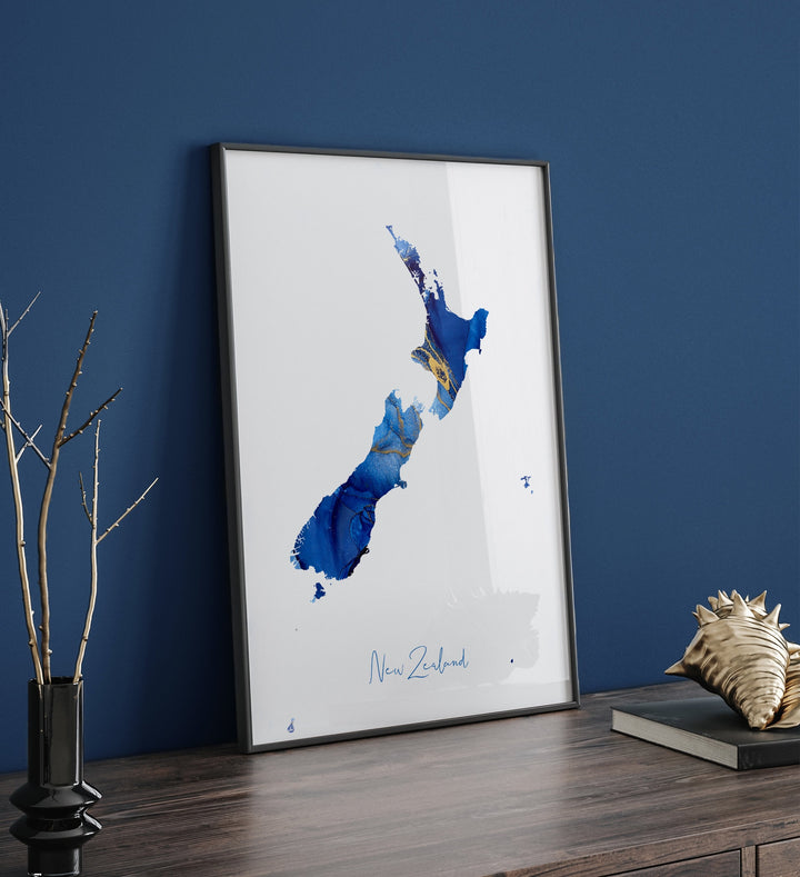 New Zealand Map Blue and Gold Wall Art Print