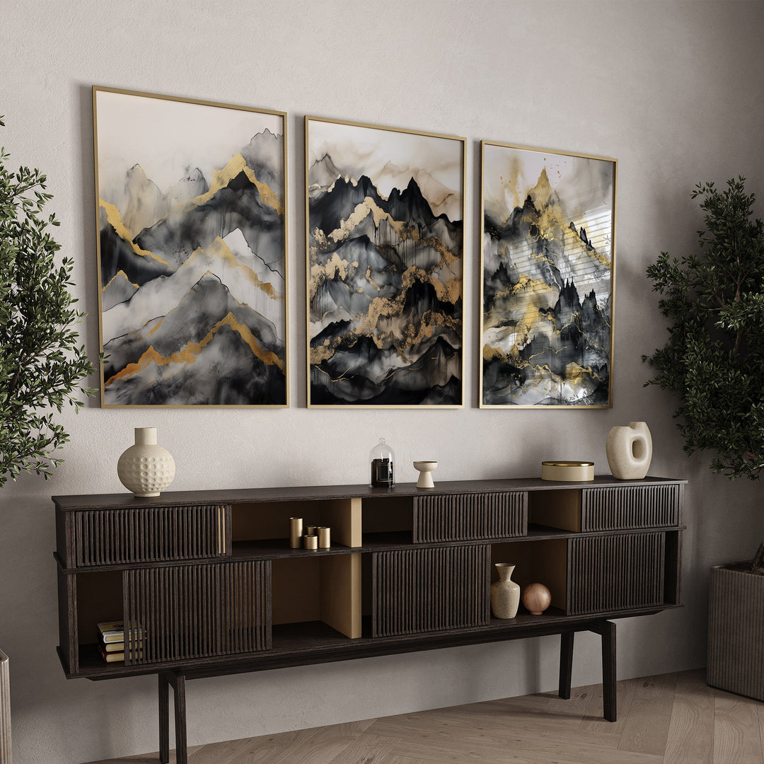 Set of 3 Black & Gold Wall Art | Mountains Theme