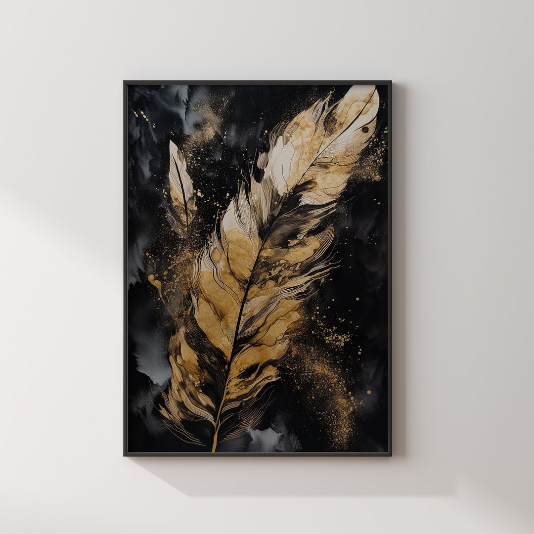 Black & Gold Feather Wall Art Print | Black and Gold Wall Art