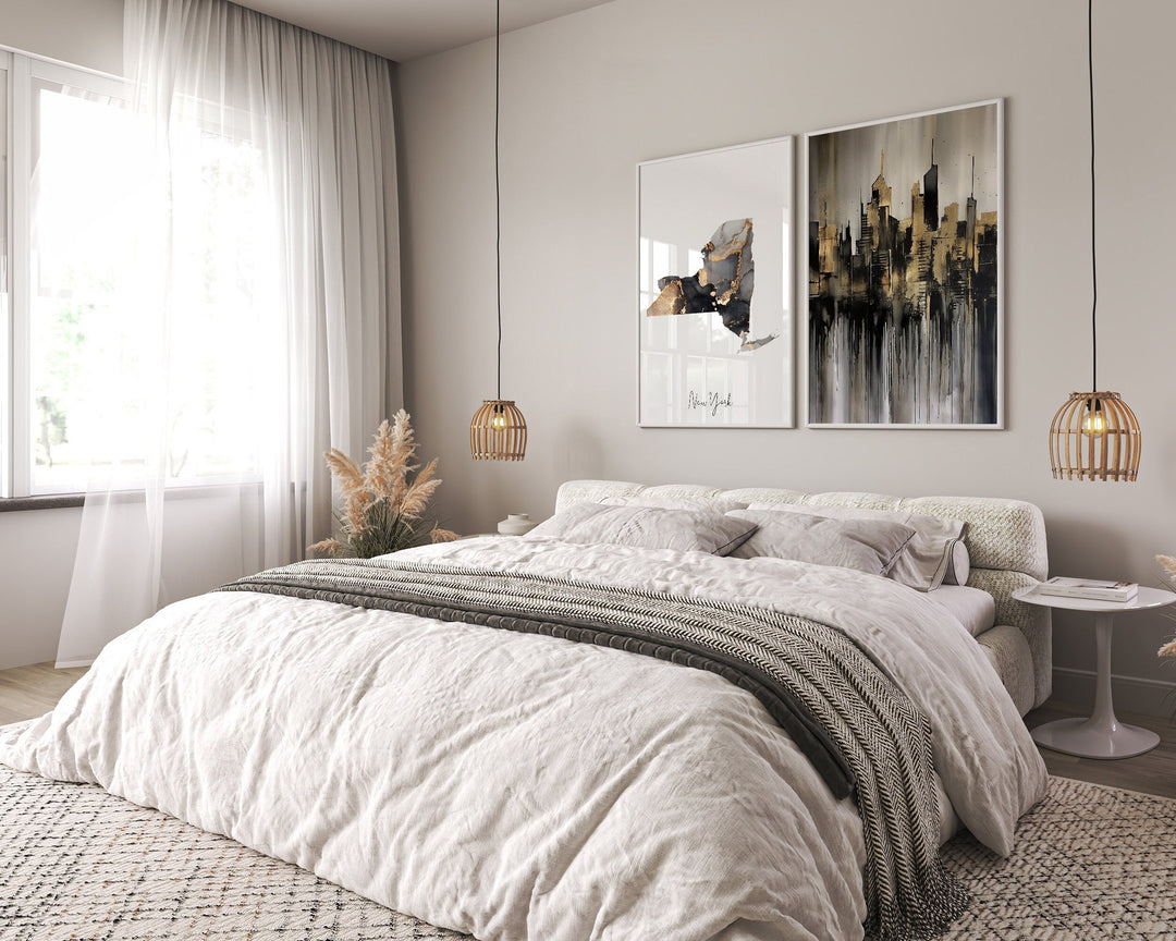Set of 2 New York Map and Skyline Black & Gold Wall Art Prints | Black and Gold Prints