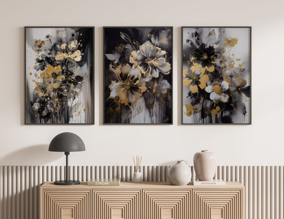 Set of 3 Black & Gold Wall Art | Flowers Theme | Floral Wall Art | Rose