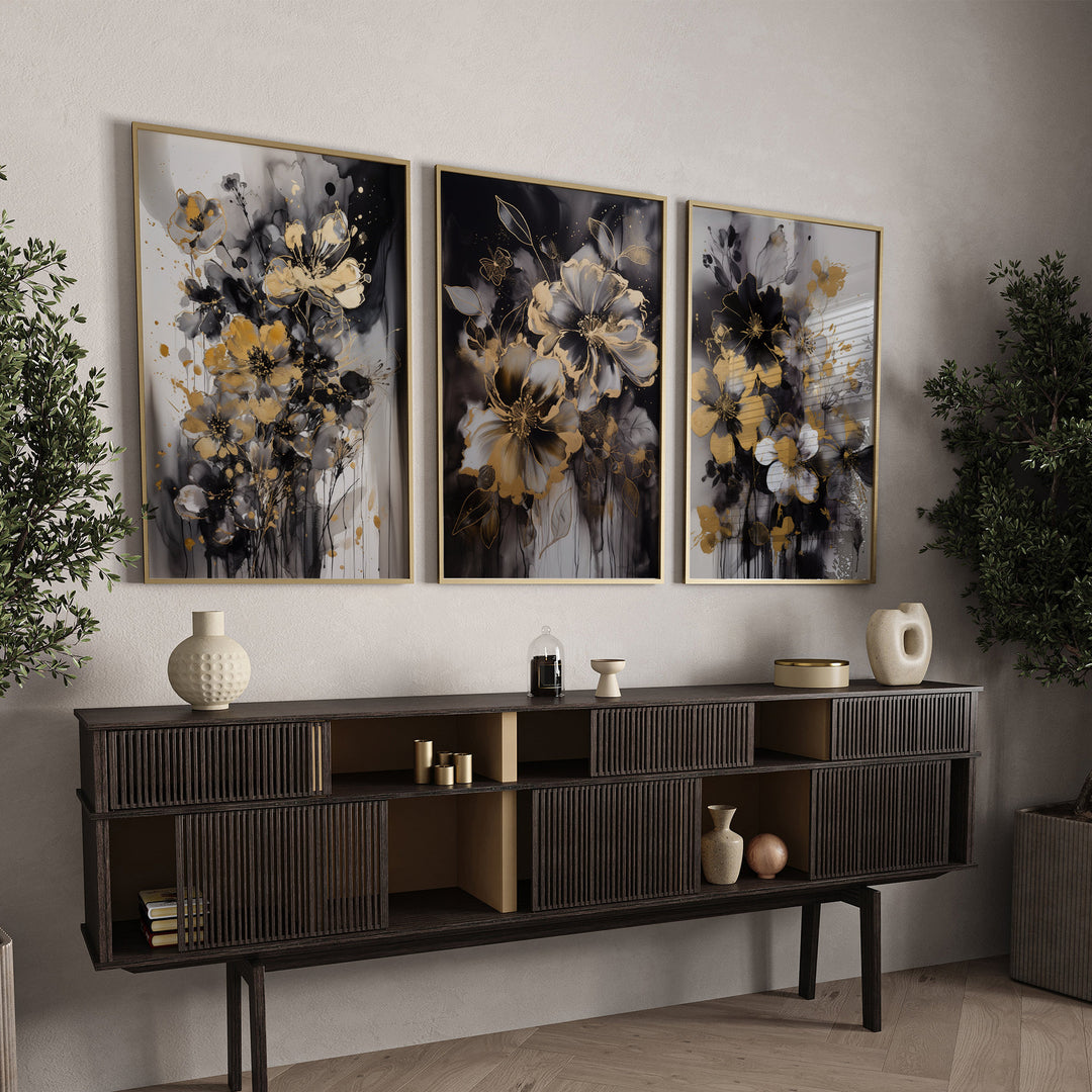 Set of 3 Black & Gold Wall Art | Flowers Theme | Floral Wall Art | Rose
