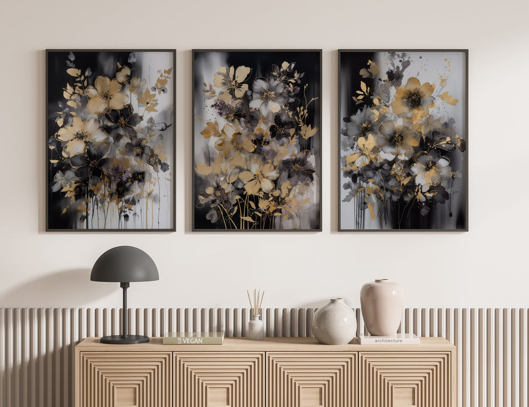 Set of 3 Black & Gold Wall Art | Flowers Theme | Floral Wall Art | Rose