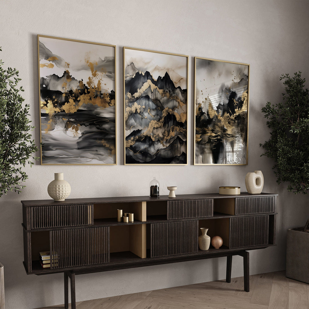 Set of 3 Black & Gold Wall Art | Mountains 3 Theme
