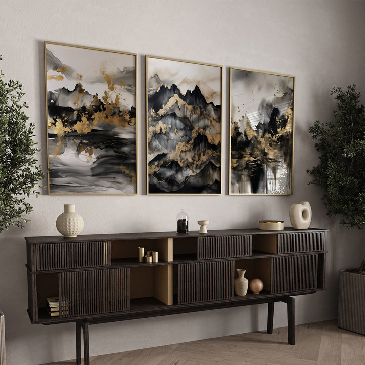 Set of 3 Black & Gold Wall Art | Mountains 3 Theme