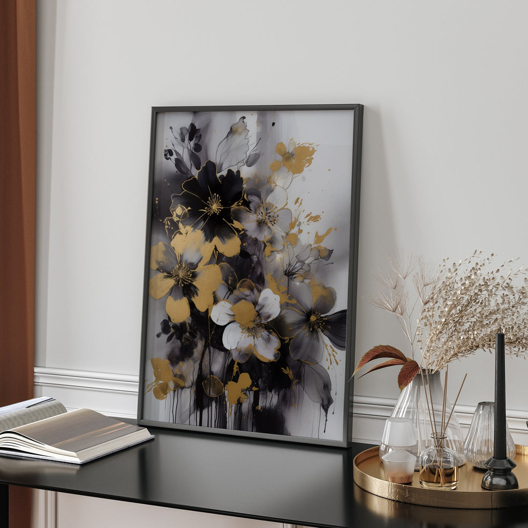 Black & Gold Floral Wall Art Print | Black and Gold Print