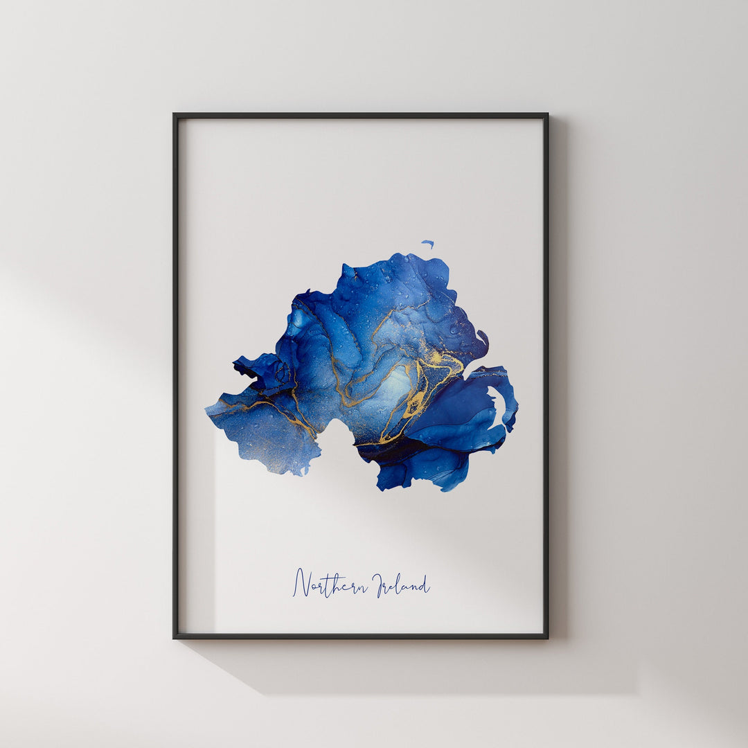 Northern Ireland Map Blue & Gold Wall Art Print | United Kingdom | Great Britain