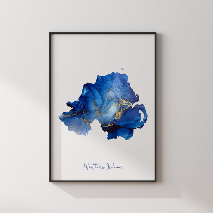 Northern Ireland Map Blue & Gold Wall Art Print | United Kingdom | Great Britain