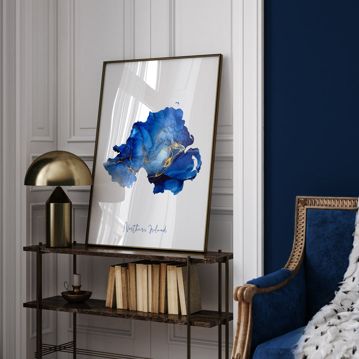 Northern Ireland Map Blue & Gold Wall Art Print | United Kingdom | Great Britain