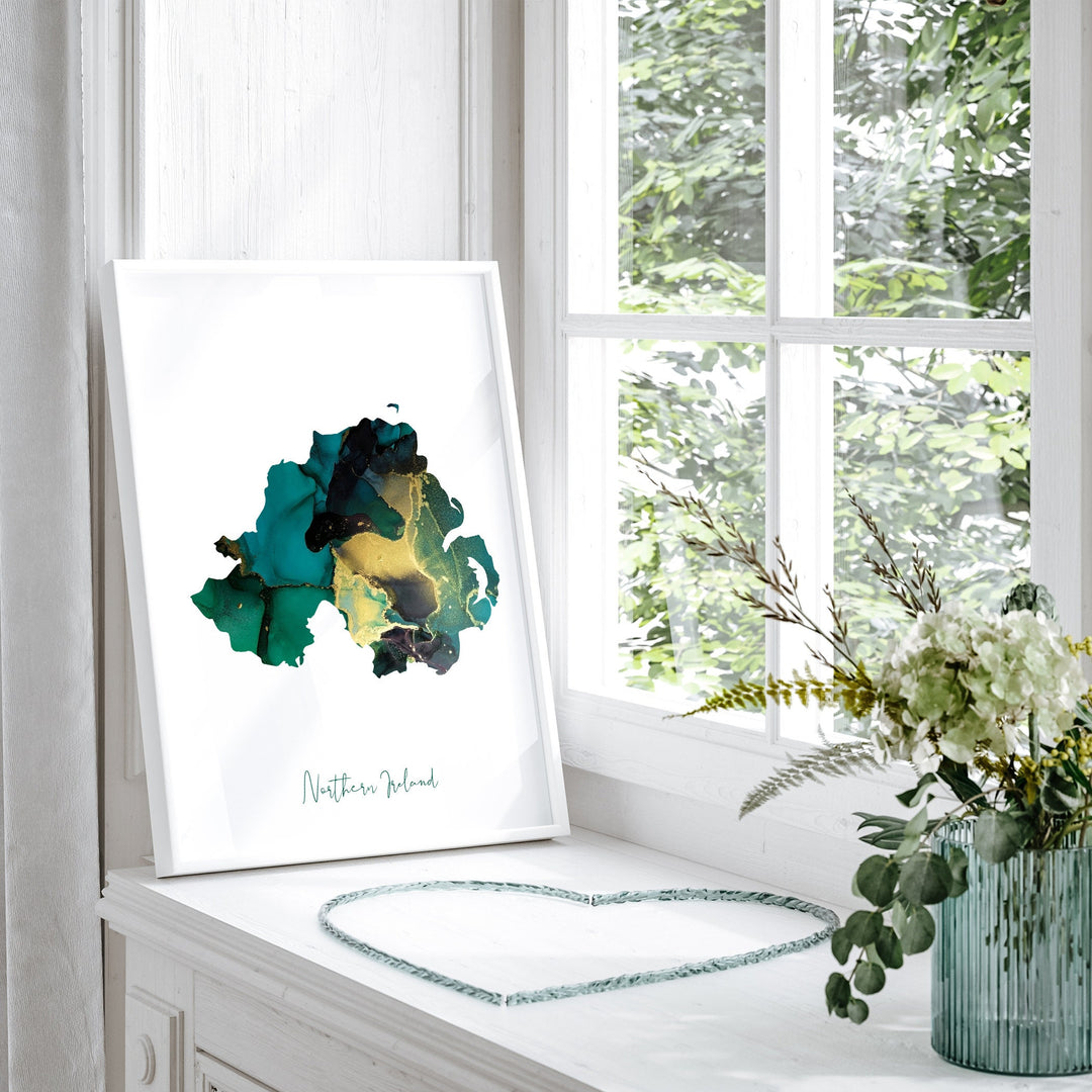 Northern Ireland Map Green & Gold Wall Art Print | United Kingdom | Great Britain | Emerald Green