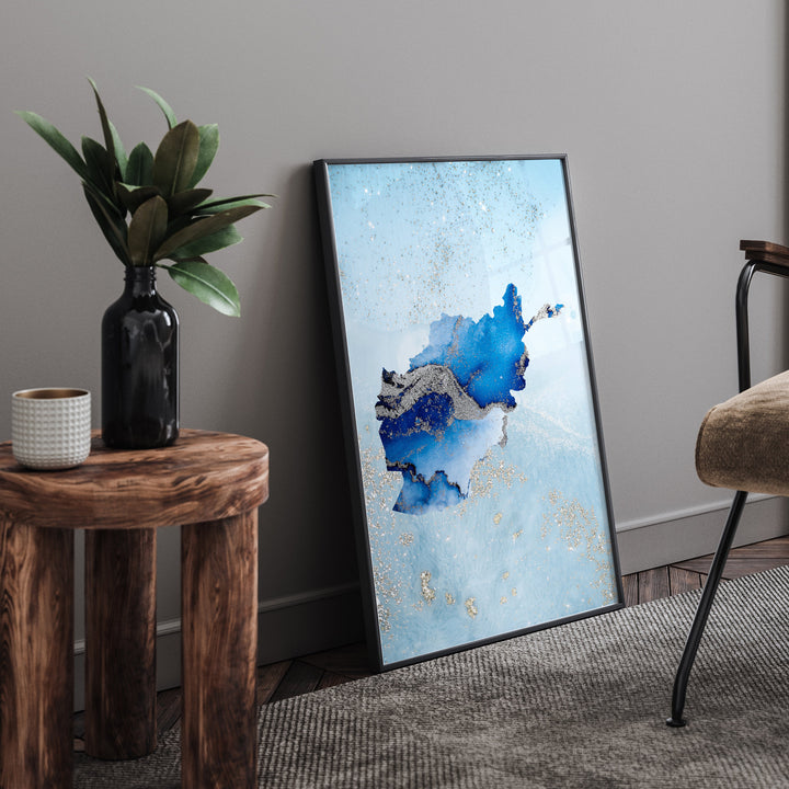 Afghanistan Map Shades of Blue & Silver Wall Art Print