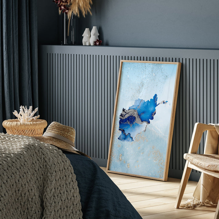 Afghanistan Map Shades of Blue & Silver Wall Art Print