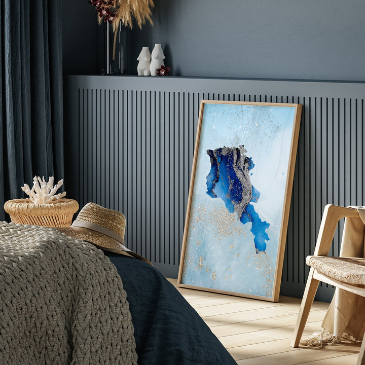 Armenia Map Shades of Blue & Silver Wall Art Print