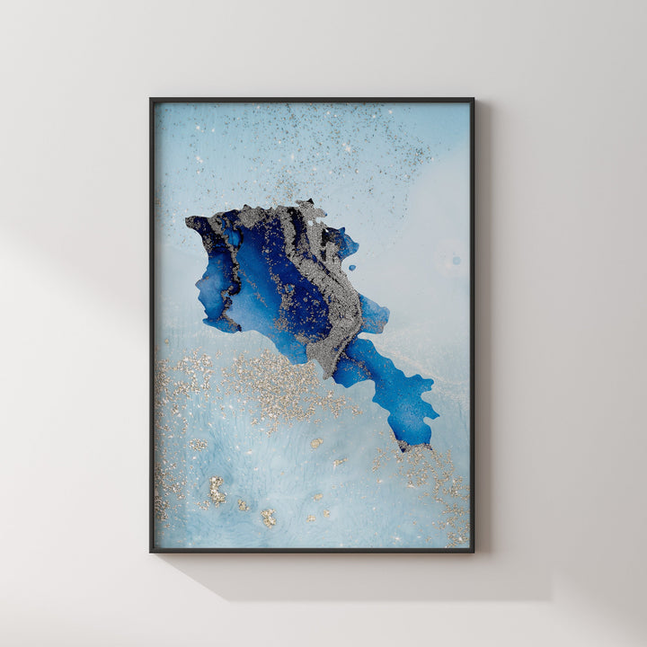 Armenia Map Shades of Blue & Silver Wall Art Print