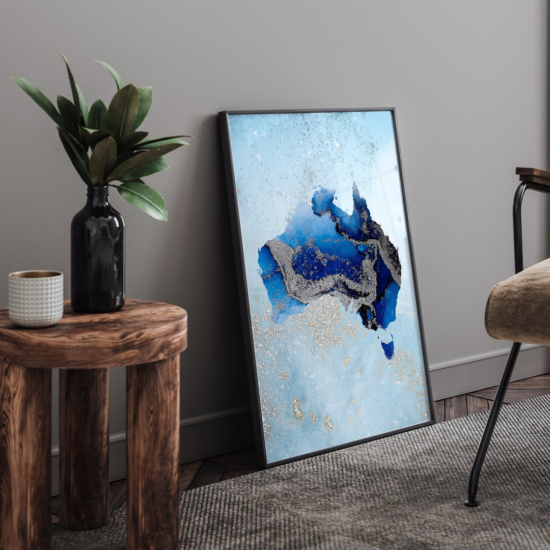 Australia Map Shades of Blue & Silver Wall Art Print