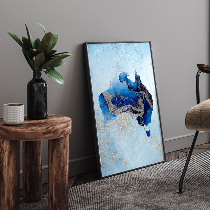 Australia Map Shades of Blue & Silver Wall Art Print