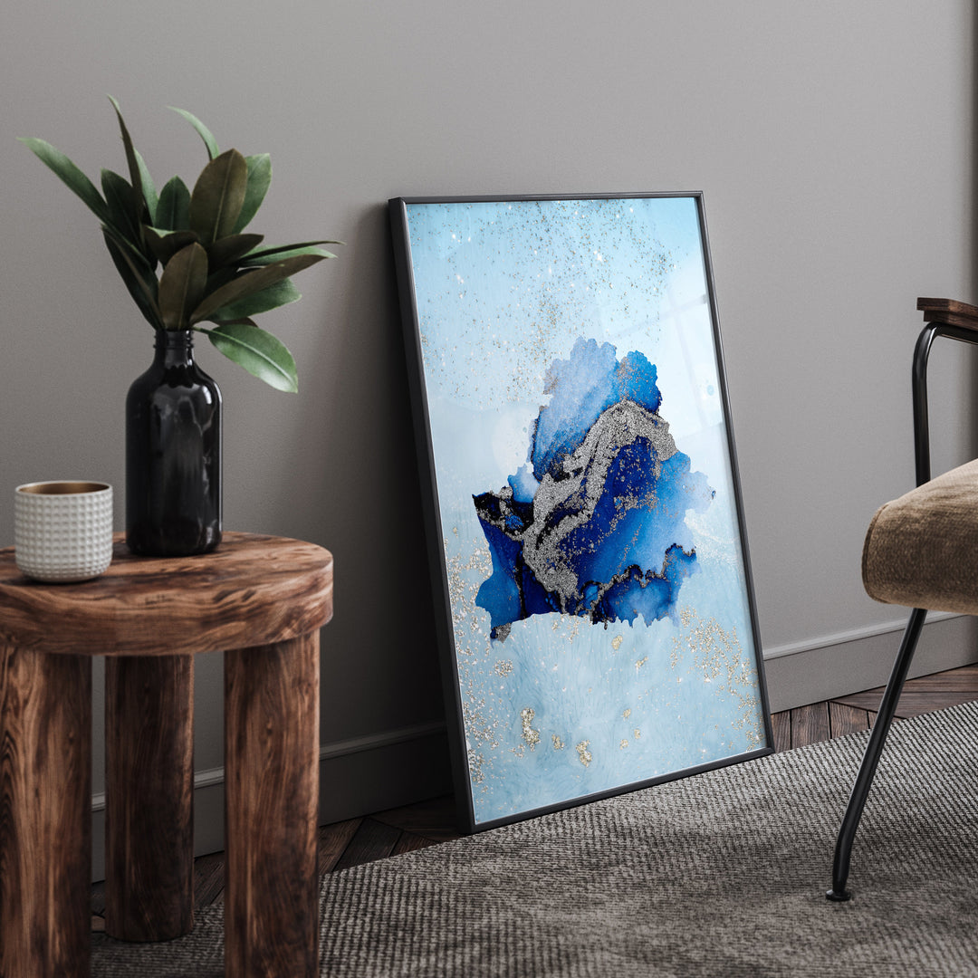 Belarus Map Shades of Blue & Silver Wall Art Print